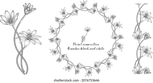 A set of graphic floral compositions with black and white delicate flowers.