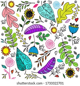 Set of graphic floral and herbal abstract elements. Vector color illustration in doodle style for wedding design, cards, logos, print, packaging, wallpapers, backgrounds, textiles.