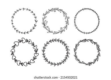Set of graphic floral round frames. Vector isolated on white background