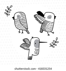 Set of graphic funny birds for design, cards, banners, textile