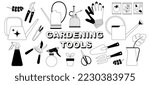 Set of graphic gardening tools. Hand drawn vector illustration. Doodle plant care tools isolated on white. 