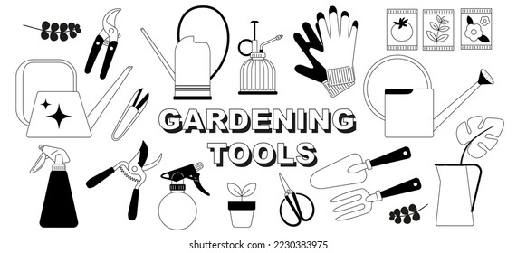 Set of graphic gardening tools. Hand drawn vector illustration. Doodle plant care tools isolated on white. 