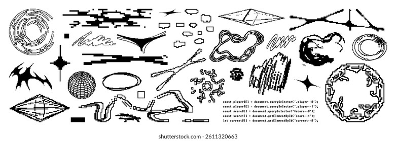 Set of graphic geometric assets with a bitmap elements. Vector modern shapes in Y2k aesthetic. Isolated illustration for stickers, poster, collage, design template