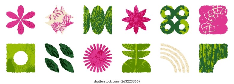 Set of graphic geometric assets with a brutalism elements. Vector modern nature shapes in eco rewilding aesthetic. Isolated illustration for stickers, poster, collage, design template
