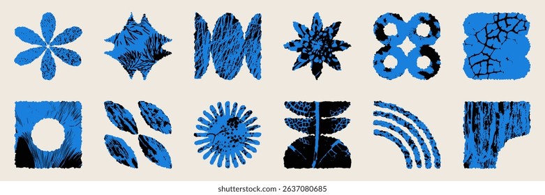 Set of graphic geometric assets with grid, pattern and elements. Vector modern shapes in retro aesthetic. Isolated illustration for stickers, poster, collage, design template