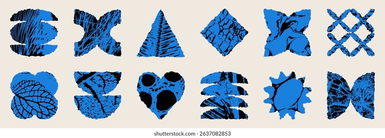 Set of graphic geometric assets with grid, pattern and elements. Vector modern shapes in retro aesthetic. Isolated illustration for stickers, poster, collage, design template