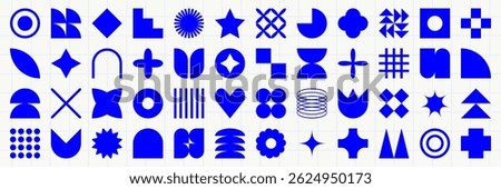 Set of graphic geometric assets with grid, pattern and elements. Vector modern shapes in retro aesthetic. Isolated illustration for stickers, poster, collage, design template.