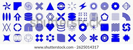 Set of graphic geometric assets with grid, pattern and elements. Vector modern shapes in retro aesthetic. Isolated illustration for stickers, poster, collage, design template.