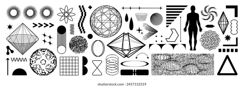 Set of graphic geometric assets with a pixelated shape. Vector stipple element in retro futuristic style. Isolated illustration for stickers, poster, collage, design template.