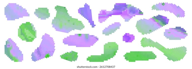 Set of graphic geometric assets with a pixeled gradient blob shapes. Vector abstract rounded uneven silhouettes, isolated for stickers, poster, collage, design template.
