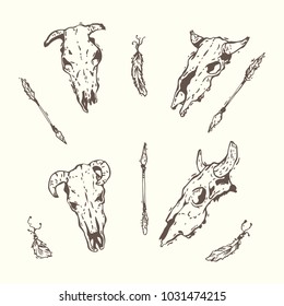 Set of graphic hand drawn illustration of the cow sculls, arrows and feathers