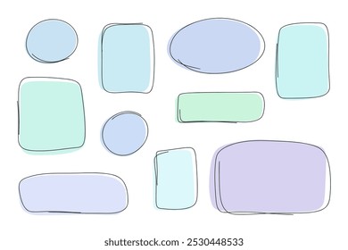 A set of graphic, hand-drawn, multicolored text boxes. Abstract flat, free frames, doodle-style contour spots, vector. Decorative element for design with text, decoration, decoration.