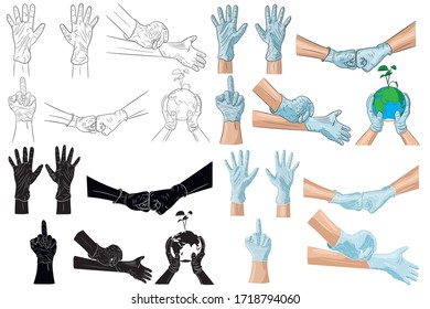 Set of graphic hands in a medical glove. Hand protection against bacteria. Quarantine. Coronavirus. Vector illustration
