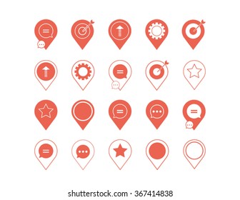 Set of graphic, icons and design elements and web buttons. Coral location pin marker and business logos in vector format.