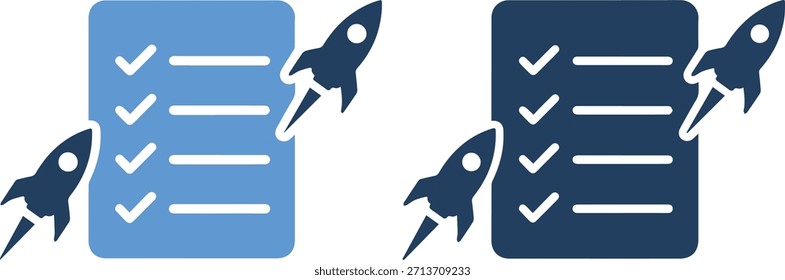 Eine Reihe von grafischen Symbolen mit blauen und dunkelblauen Checklisten mit Raketen, die um sie herum fliegen, auf sauberem weißem Hintergrund für ein Unternehmens- oder Produktivitätsthema