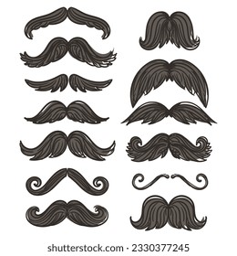 Un conjunto de iconos gráficos con bigote hipster. Una gran colección de bigotes con manchas y textura lineal. Ilustración vectorial, elementos para los toppers para una festividad, una sesión fotográfica. Barbershop