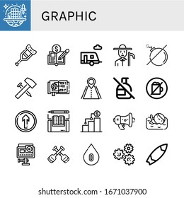 Set of graphic icons. Such as Space colonization, Crutch, Economy, Trailer, Farmer, No bomb, Hammer, Guide, Road, No spray, No alcohol, Straight, Ebook, Growth , graphic icons