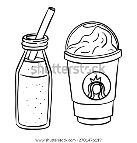 Set graphic illustration of a smoothie in a bottle with a straw and a takeaway drink or a cup of cold coffee with whipped cream. Perfect for menu design, social media, and beverage themes.