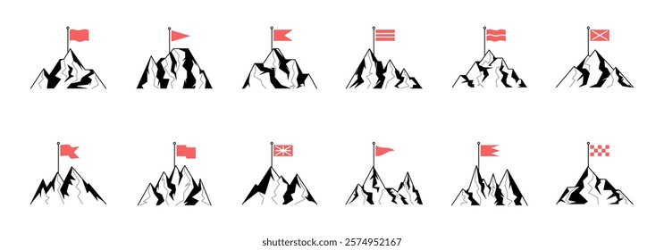 A set of graphic illustrations depict mountains with various flags on their peaks symbolizing achievement and success.