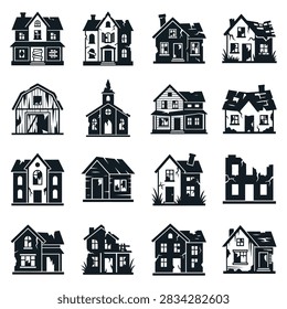 A set of graphic illustrations depicting various damaged and abandoned houses and buildings.