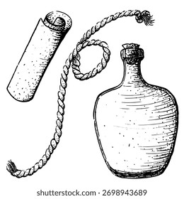 A set of graphic illustrations featuring a rope, a scroll, and a bottle. These hand drawn vector images are perfect for postcards and coloring books.