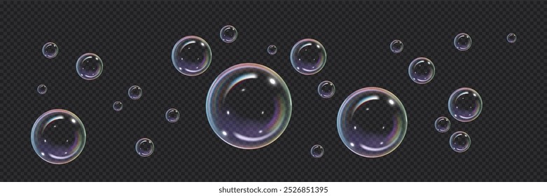 A set of graphic images of soap bubbles. Realistic, shiny and transparent spheres filled with multicolored liquid for various designs on a transparent background.