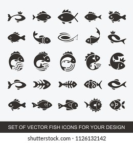 Set of graphic insulating fish. variety of marine and freshwater residents for menu restaurants. Vector collection of icons and illustrations. Logotype, Logo