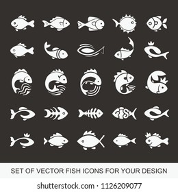 Set of graphic insulating fish. variety of marine and freshwater residents for menu restaurants. Vector collection of icons and illustrations. Logotype, Logo