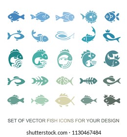 Set of graphic insulating fish. variety of marine and freshwater residents for menu restaurants. Vector collection of icons and illustrations. Logotype, Logo
