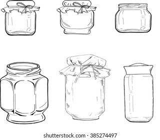 Set of graphic jars isolated on white background. Cartoon sketch drawn by ink. Hand drawn vector illustration.