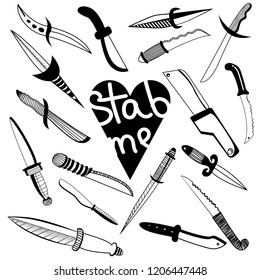 a set of graphic knives in black and white with a black heart saying stab me. tattoo sketch in old school style, icons, design element, line art