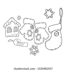 Set of graphic linear drawings on the theme of christmas and new year, cartoon characters, vector illustration