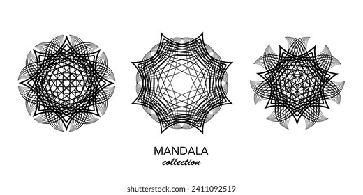 Set graphic Mandala, Abstract Geometric technological circles, wireframe logo business Concept Vector Bundles, Sacred Geometry in round black lines isolated on white background 