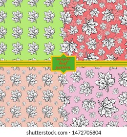 set of graphic maple leaves pattern seamless black and white wallpaper doodle background illustration