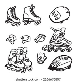 Set of graphic modern and retro roller skates, helmets, roller protection. Vector hand drawn illustration on white background for flyer, poster design.