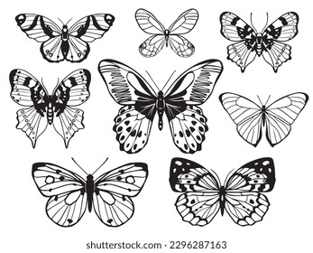 Set of graphic monochrome sketch of different butteflies. Y2k butterflies tattoo line sketch. Butterfly silhoette trendy y2k aesthetic