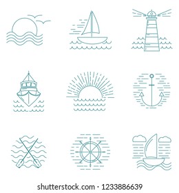 Set of graphic nautical logos or emblems in moden thin line style