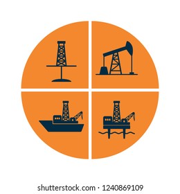 Set of graphic onshore and offshore drilling signs for oil and gas industry: drilling rig, oil pump, drillship, offshore platform. Dark blue flat vector icons isolated on round orange background.