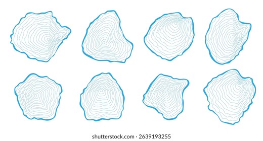 Set of graphic outline tree rings on wooden cuts on white. Wavy concentric slices wood trunk. Ripple organic circles top view. Hardwood lumber stump. Vector illustration