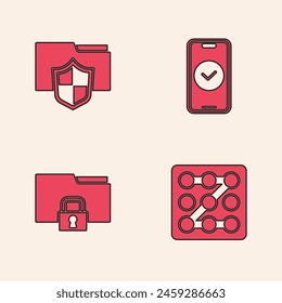 Set Graphic password protection, Document folder, Smartphone and Folder and lock icon. Vector