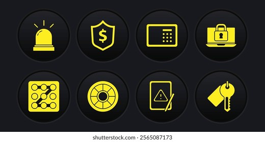 Set Graphic password protection, Laptop and lock, Safe, Tablet with exclamation mark, Shield dollar, Marked key and Motion sensor icon. Vector