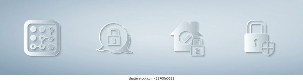 Set Graphic password protection, Lock, House under and Shield security with lock. Paper art style. Vector