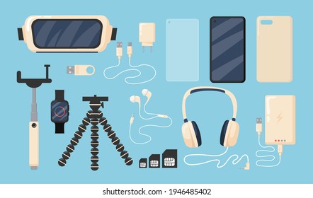 Set of graphic phone accessories flat vector illustration. Isolated smartphone, battery, charger, cover, 3D or VR glasses, watch on blue background. Modern technology concept for apps, banner design