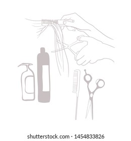 Set of graphic pictures for hairdressing advertisements, hairdresser hands, vector image