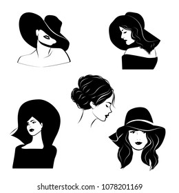 set of graphic portraits of women in a hat