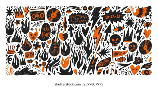 Set of graphic punk doodle shapes and figures, music abstract stickers. Y2k rock and roll stickers with grunge texture. Crayon drawn retro music elements. Cassette, guitar, crown, fire, lightning.