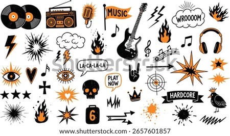 Set of graphic punk doodle shapes and figures, music abstract stickers. Y2k rock and roll stickers with grunge texture.