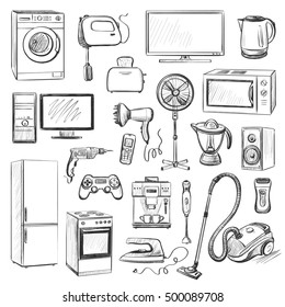 
A set of graphic quality images of household appliances. Isolated sketches on a white background