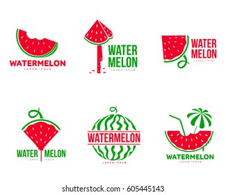 Set of graphic red and green watermelon logo templates, summer season, fruit company, vector illustration isolated on white background. Colorful watermelon logotype, logo design, round and slice