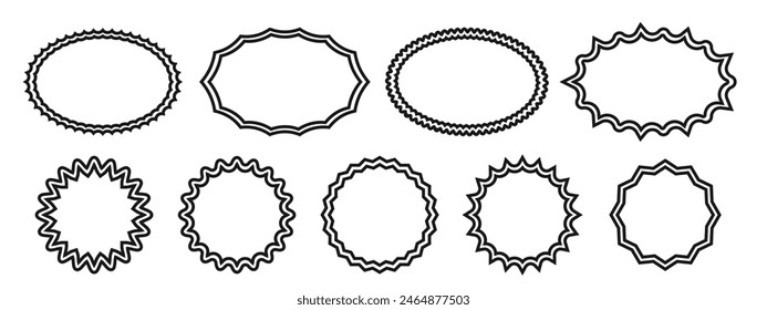 Set of graphic round and oval frames Wavy zigzag geometric shapes double line round sticker. Vector illustration for design